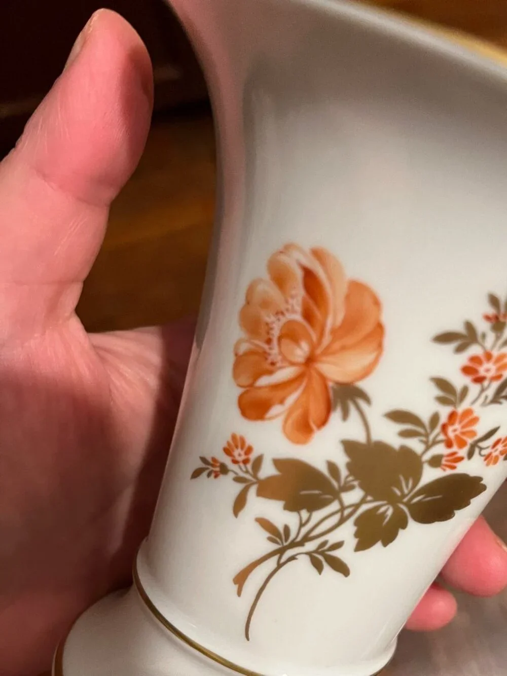 Höchst Germany Porcelain Orange Floral Gold Vase